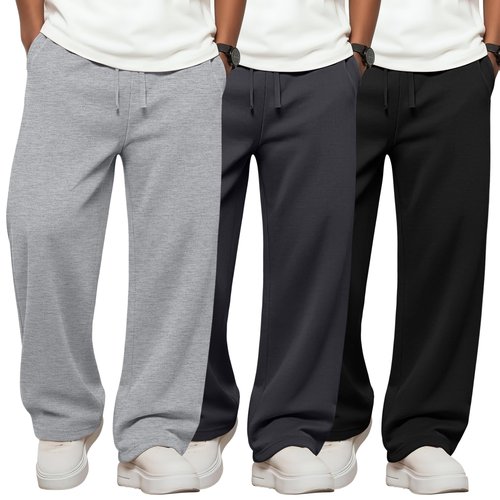 LessonZoo 3 Pack Boys Sweatpants Straight Leg Athletic Open Bottom Joggers Lightweight Drawstring Kid Pants with Pockets(Black, Dark Gray, Light Gray,X-Large)