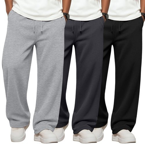 LessonZoo 3 Pack Boys Sweatpants Straight Leg Athletic Open Bottom Joggers Lightweight Drawstring Kid Pants with Pockets(Black, Dark Gray, Light Gray,X-Large)