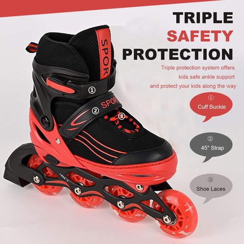 Kids Inline Skates for Girls Boys with All Wheels Illuminating, Adjuatable Mens and Womens Roller Skates Blades for Beginner in Outdoor and Indoor (Black&Red, Medium - Big Kids)