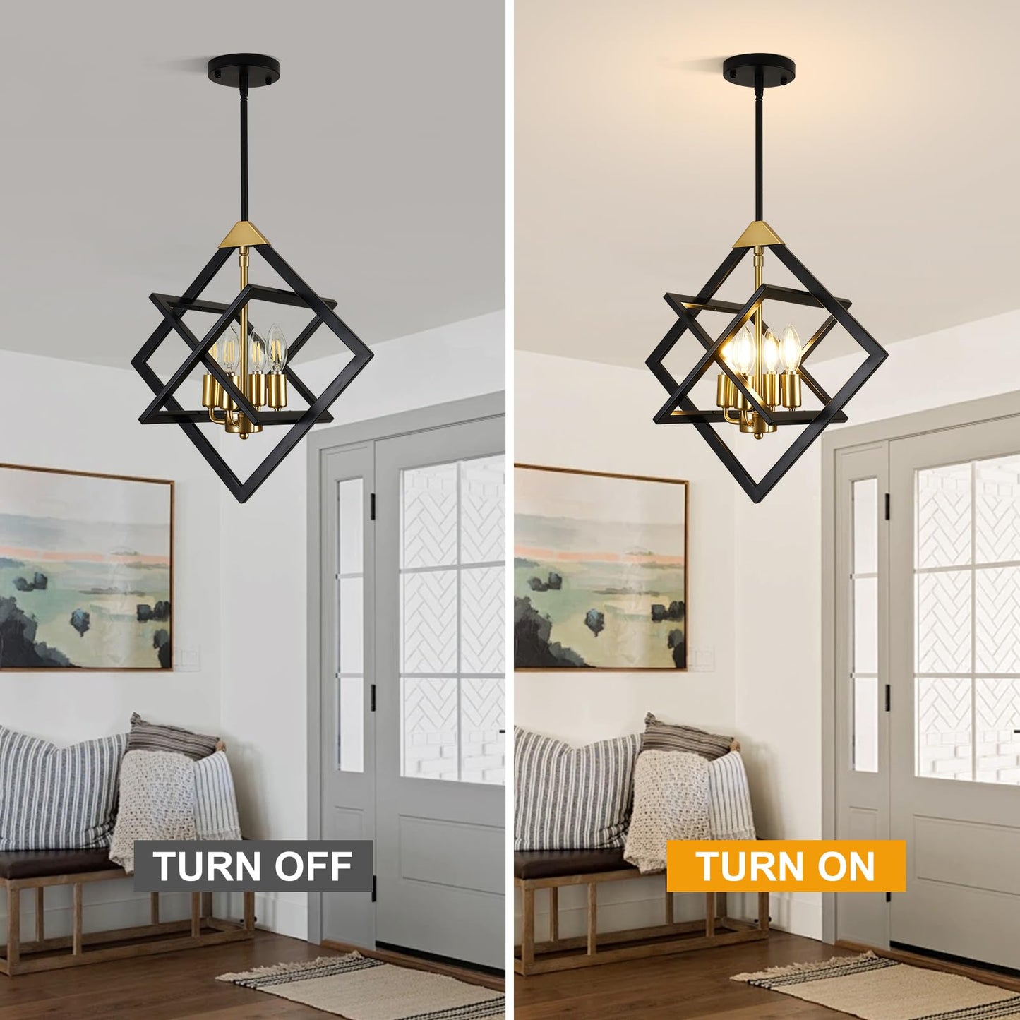18" Farmhouse Chandelier, 4-Light Geometric Ceiling Dining Room Fixture, Modern Industrial Foyer Lighting Fixtures, Black and Gold Hanging Pendant Lights for Bedroom, Kitchen Island, Hallway, Entryway