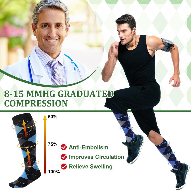 Shyyween 12 Pairs Men Dress Compression Socks Men's Knee Long Light Socks 8-15 mmHg Graduated Support(L-xl,Colorful Argyle)