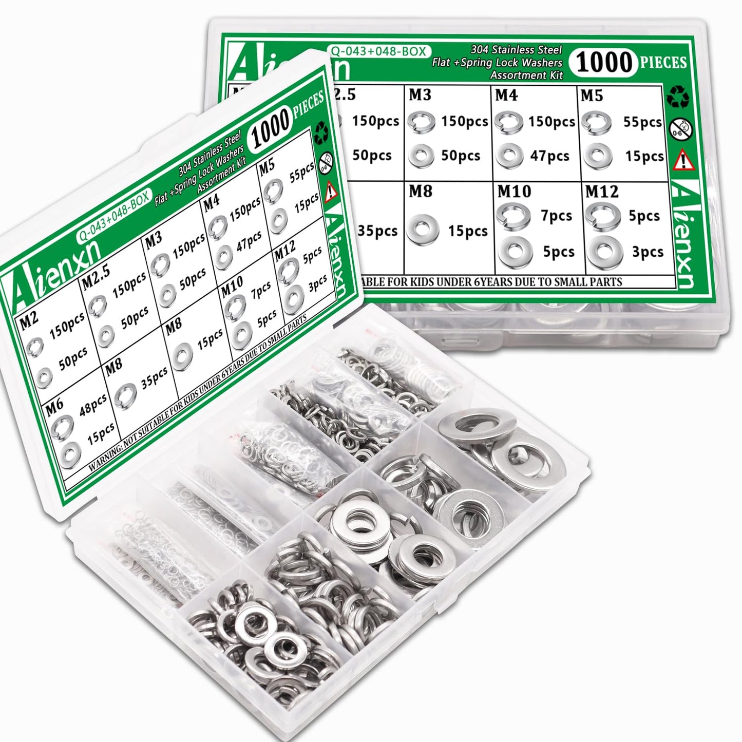 Aienxn 1000PCS Spring Lock Washers Assortment Kit, 9 Metric Sizes -M2, M2.5, M3, M4, M5, M6, M8, M10, M12, 304 Stainless Steel Washers for Bolts Screws, Split Lock Washer Set