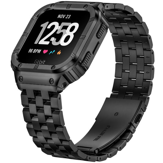 SUPLINK Stainless Steel Case & Band Compatible with Fitbit Versa 4/3/2 Bands, Protector Cover Strap for Fitbit Sense/Versa Lite Bands, Black