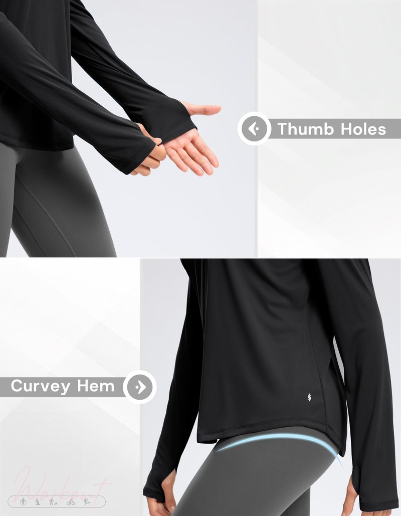 Soothfeel Long Sleeve Workout Tops for Women Lightweight Athletic Running Gym Active Shirts UPF 50+ Quick Dry Hiking Tops Black M
