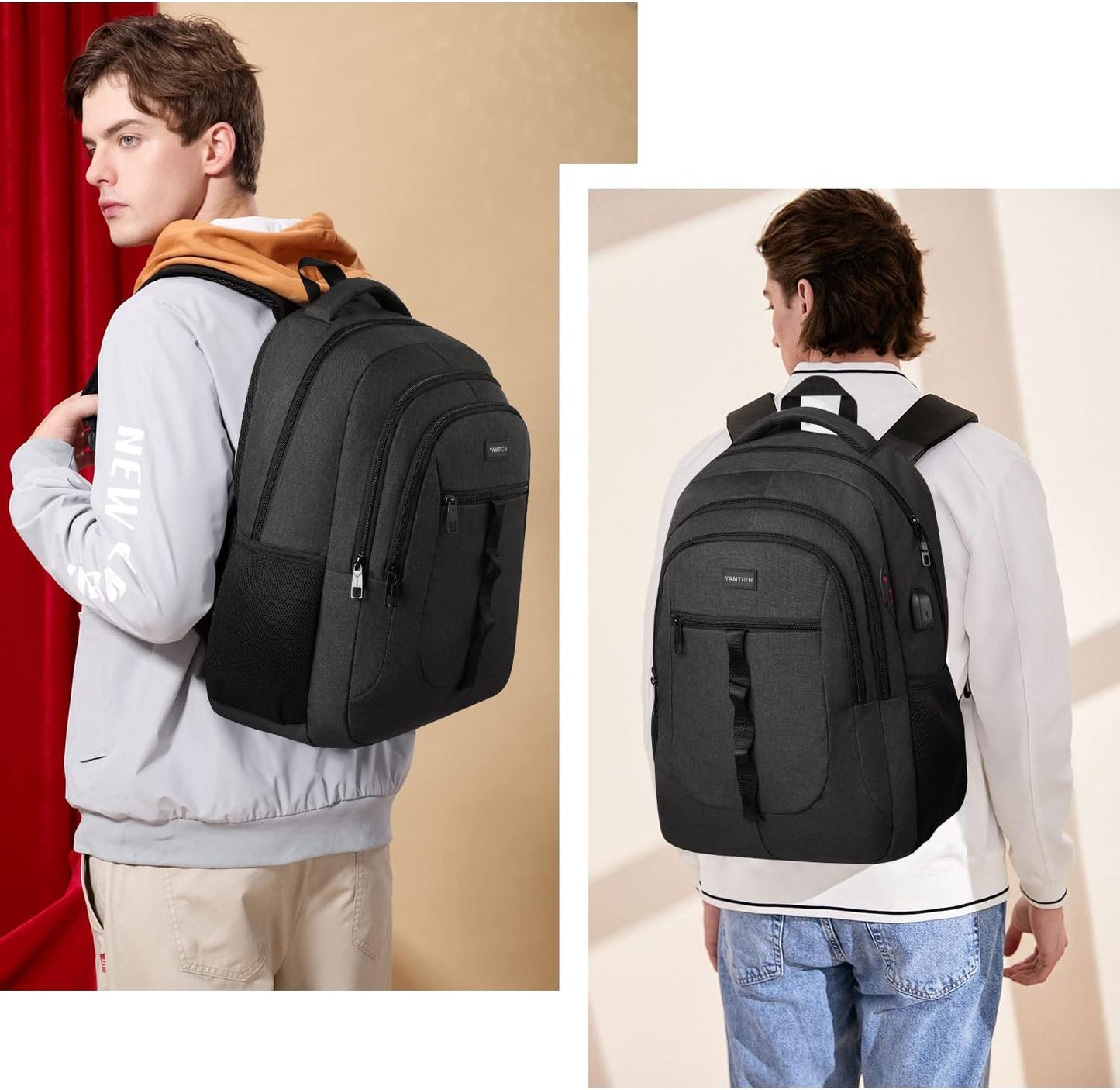 YAMTION Black Backpack - Versatile Laptop Bag with USB Port for School, Work & Travel
