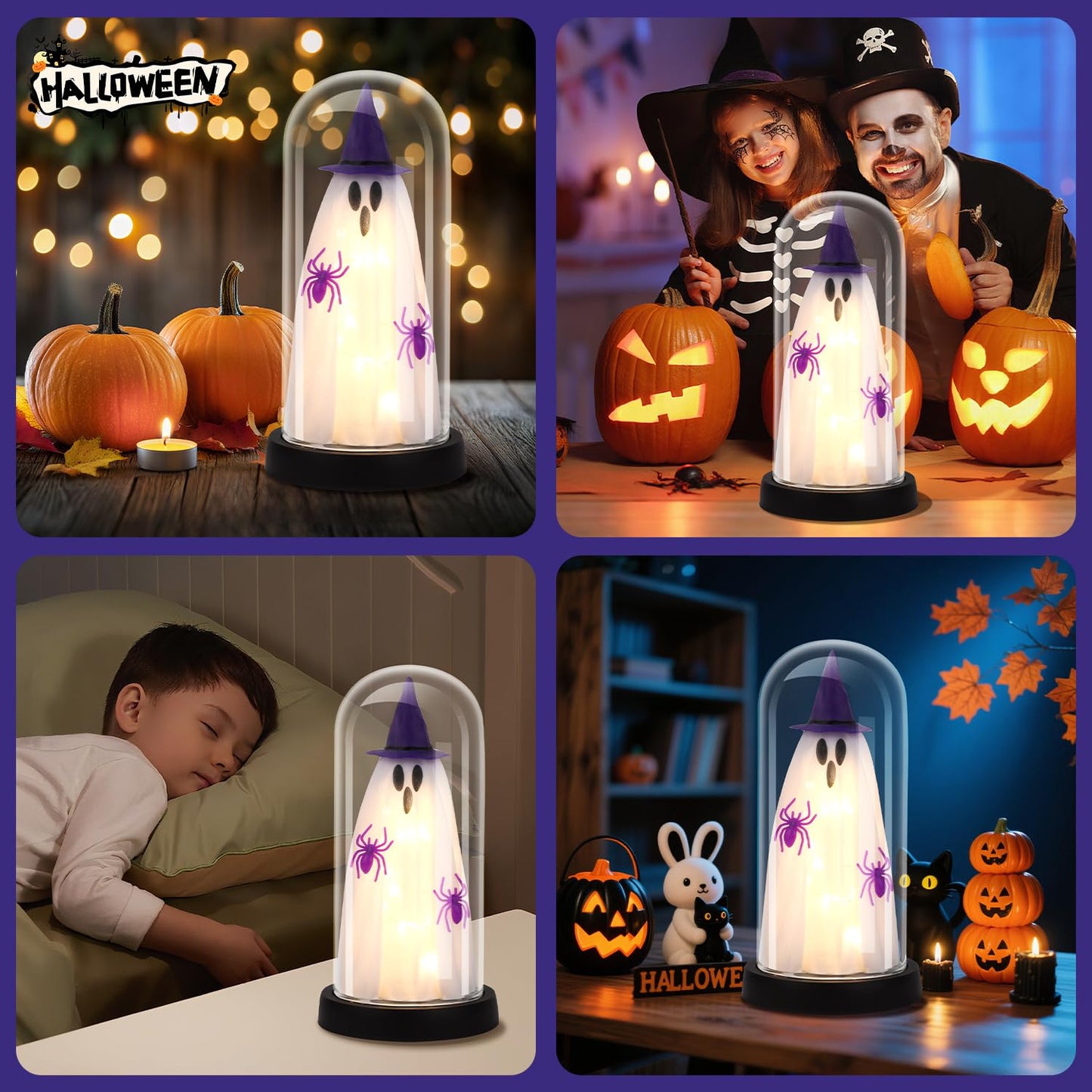 Halloween Decor-Halloween Decorations Indoor-Light Up Ghost in Glass Cloche-Cute Ghost with Light for Home Kitchen Mantel Tabletop Party Decor- Ghost-Purple