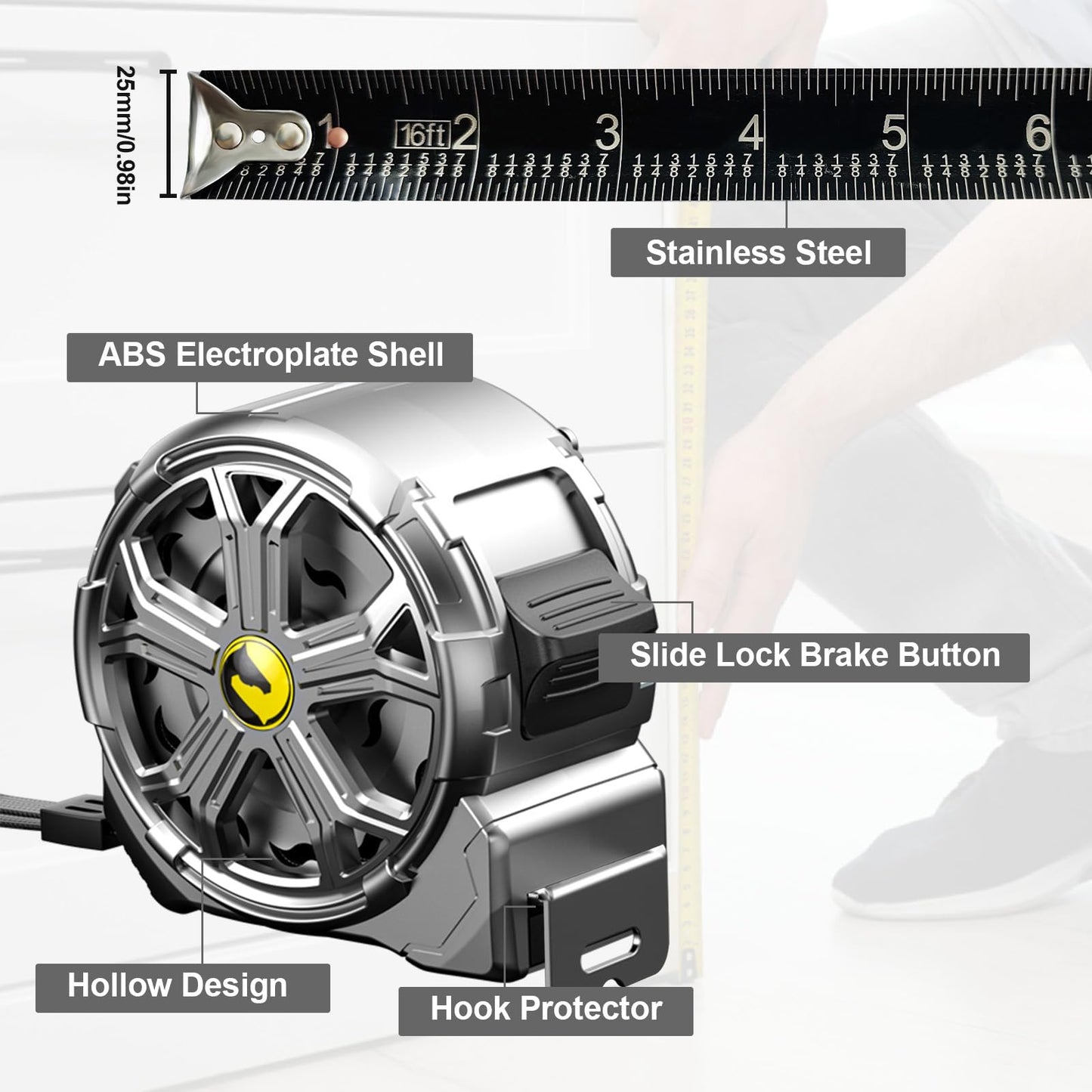 16ft Tape Measure, Stainless Steel Retractable Tape Measure, Waterproof & Rustproof Steel Measuring Tape with Hollow Design for Renovation, Construction, Carpentry (16')