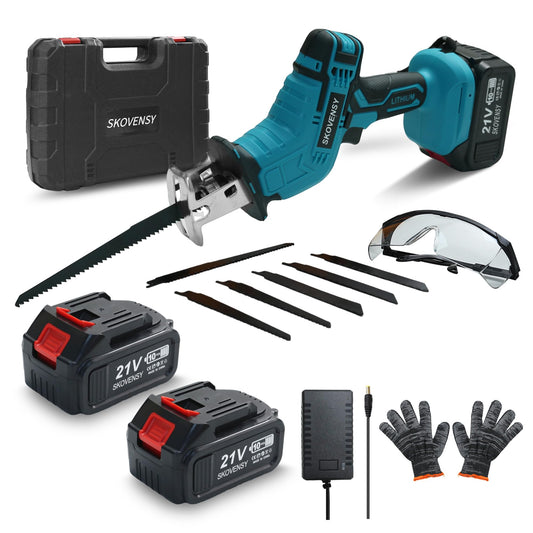 Cordless Reciprocating Saw, Battery x2, Reciprocating Saw Cordless, Variable Speed, Blades Kit for Metal/Wood/PVC Cutting, Blue
