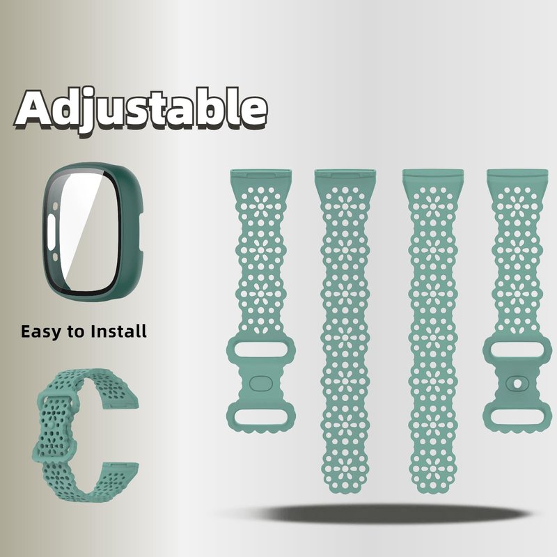 QHBAMD Silicone Breathable Strap Compatible for Fitbit Versa 4/Sense 2 Watch Band, Protection PC Case Cover for Versa 4/Sense 2 (Green,Medium)
