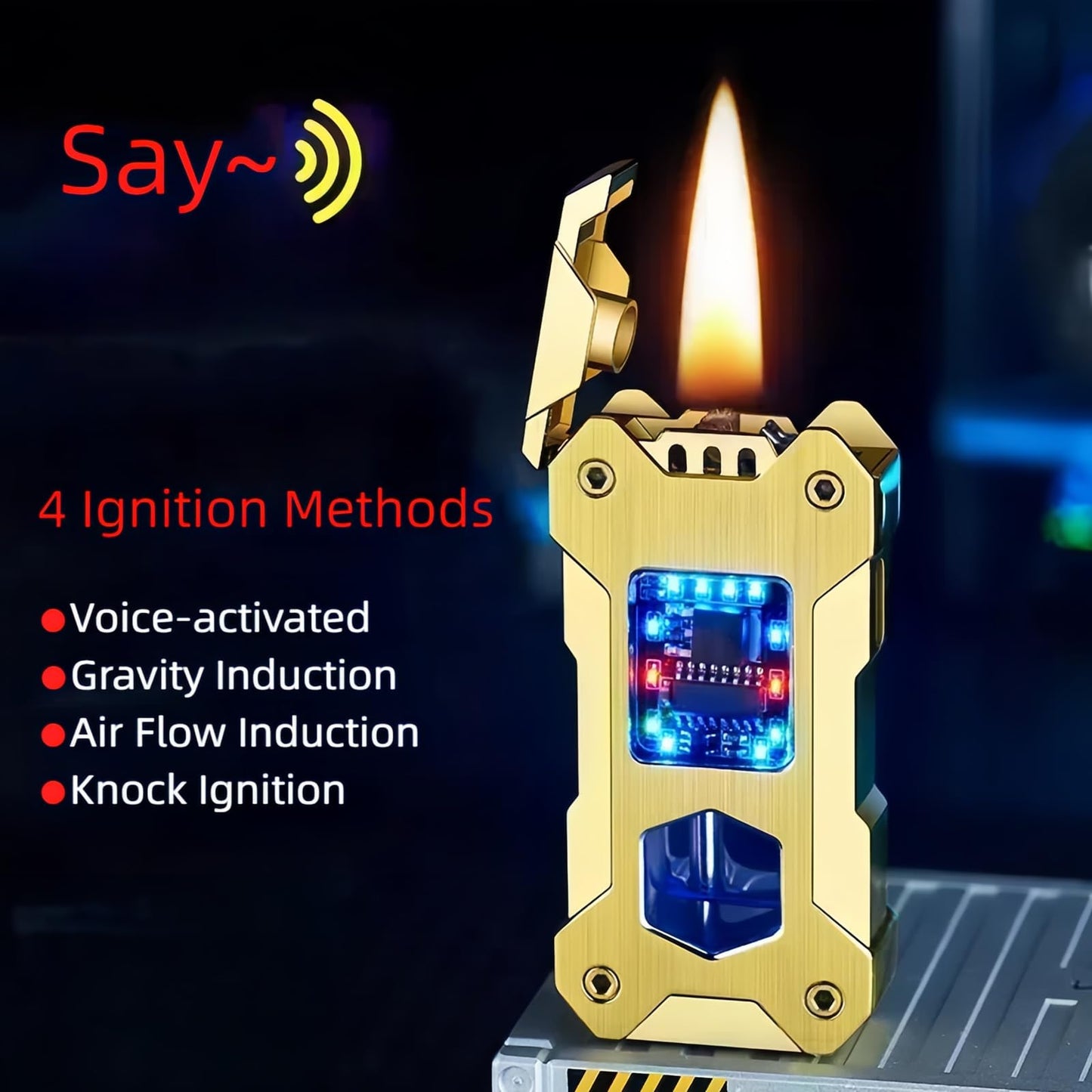 NINSI Smart Kerosene Lighter 4-Ignition Methods, Voice Activated Soft Flame Lighter, Metal Mecha Style Refillable Lighters with Cool Colorful Breathing Light (Ice Black, No Fuel)