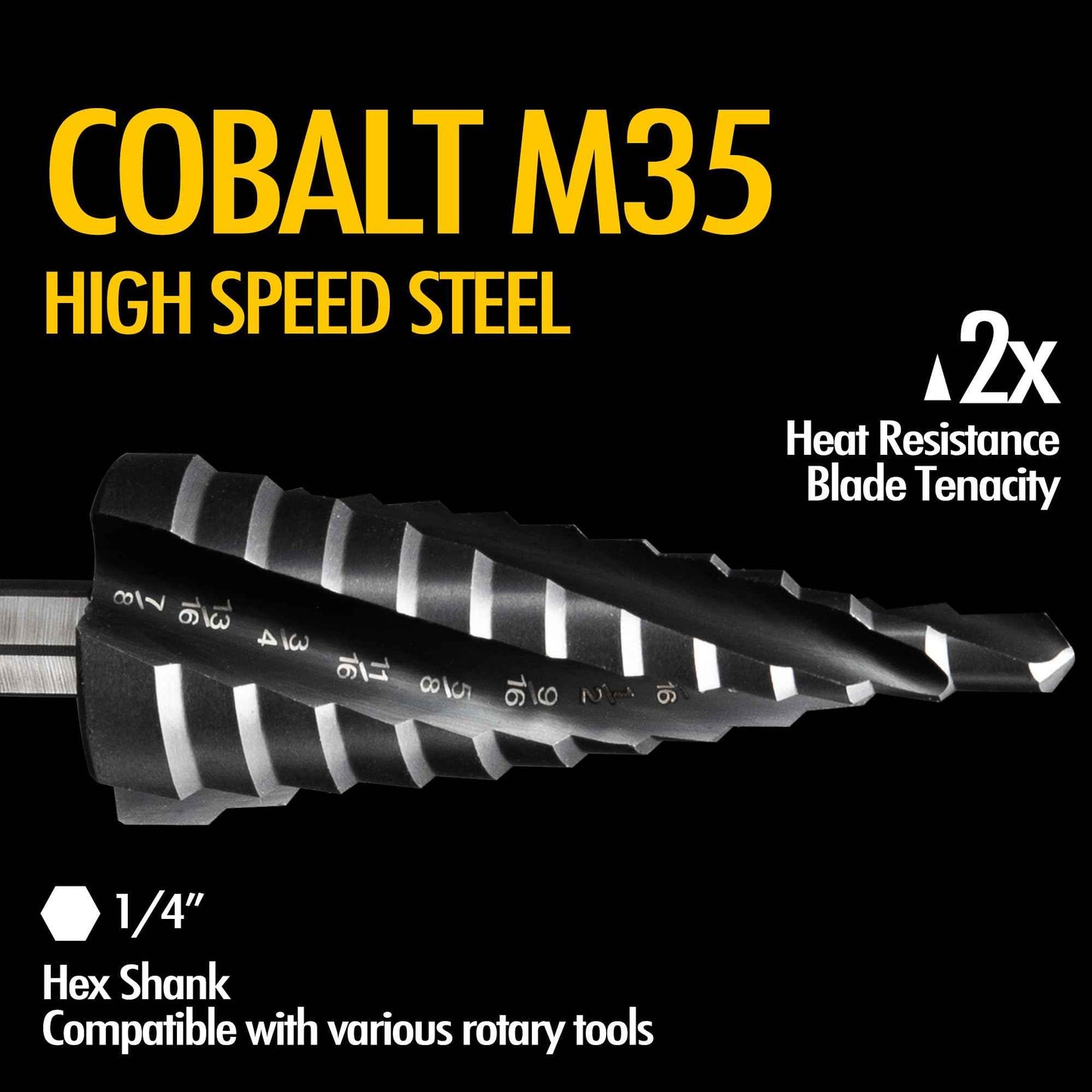 Vouyar Four Spiral Flute Cobalt Step Drill Bit, 3/16'' - 7/8'' M35 TiAlN Coating Impact Ready Unibit Step Drill Bit, 1/4" Hex Shank Step Bit for Metal, Stainless Steel, Aluminum, Plastic