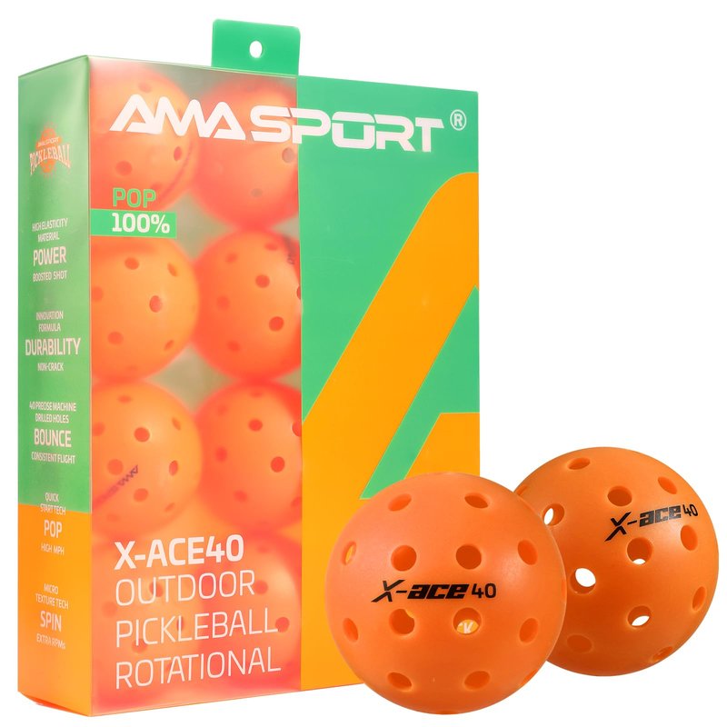 AMA SPORT Outdoor Pickleball Balls 40 Holes Durable Pickle Balls High Visibility and Bounce Practice Pickle Ball for All Style Pickleball Paddles & All Court (Orange 12 Pack)