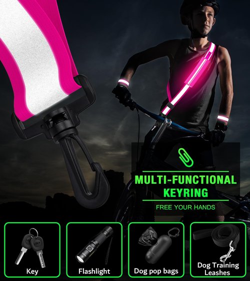 LED Belt Reflective Sash for Walking at Night,High Visibility Adjustable Night Running Safety Gear,Light Up Running Belt Reflective Gear with Phone Bag/Armband for Runners Walkers Men Women (Pink)