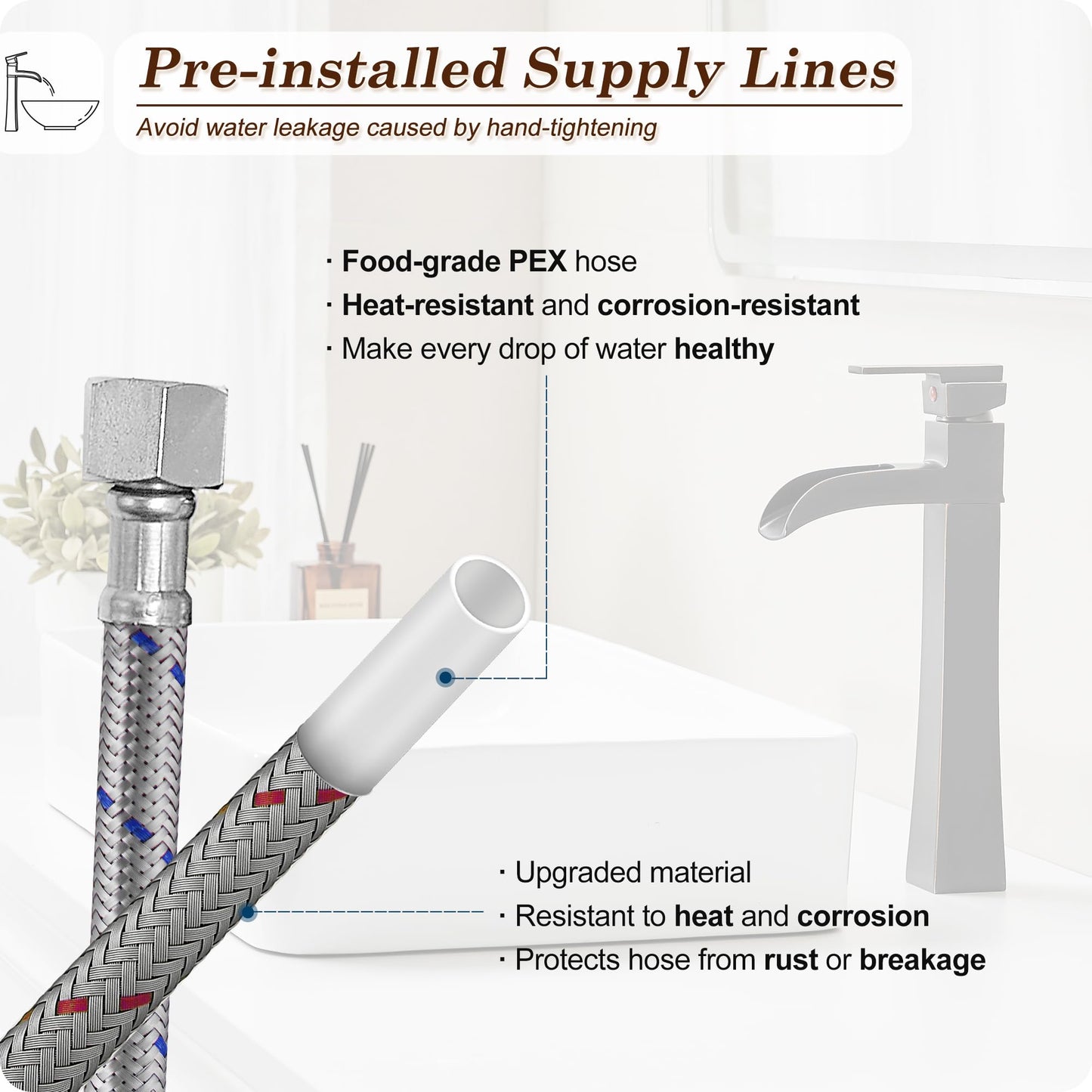 HOIGY Bronze Waterfall Vessel Sink Faucet, Brass 12 Inch Tall Bathroom Faucets Single Hole Single Handle for Bathroom Bowl Sink with Pop-up Drain & Hoses for Vanity Countertop Modern Farmhouse