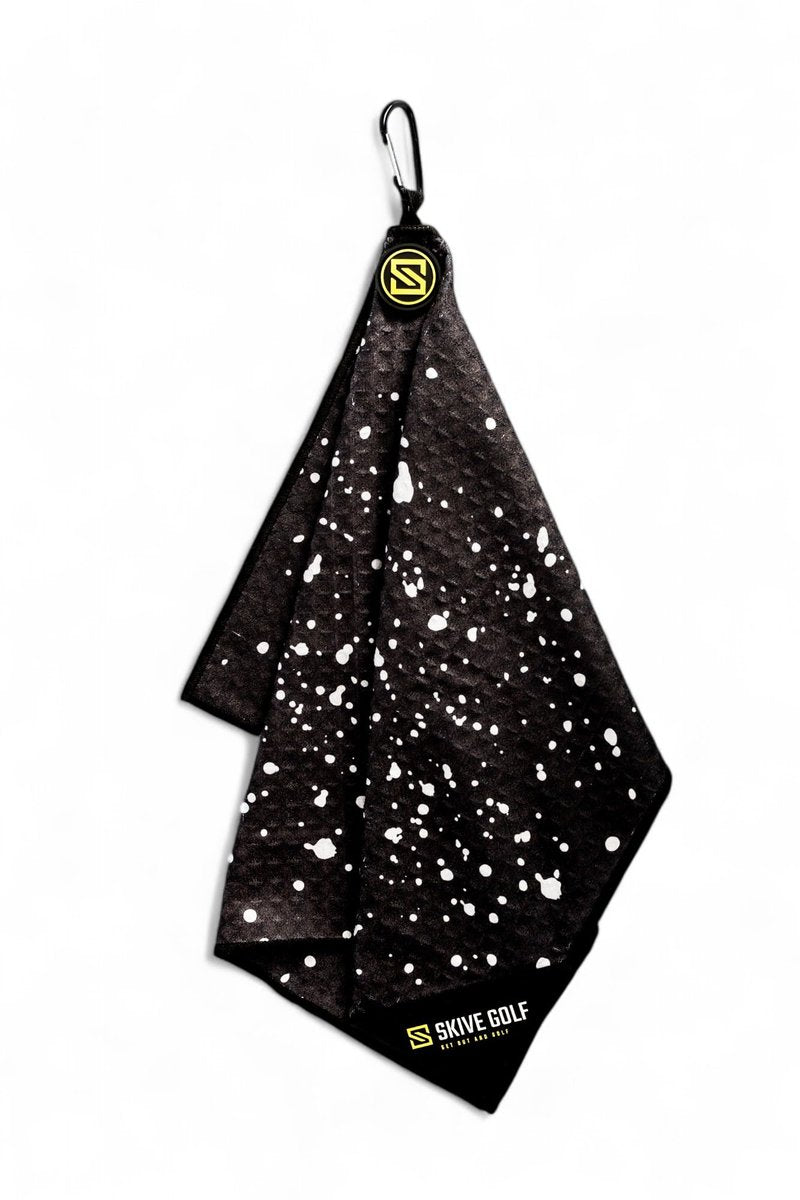 SKIVE Golf Premium Magnetic Golf Towel | Super Strong Magnet | Absorbent Microfiber Waffle Design | Built-in Silicone Brush | Golf Towels for Golf Bags (Black w/White Drip)