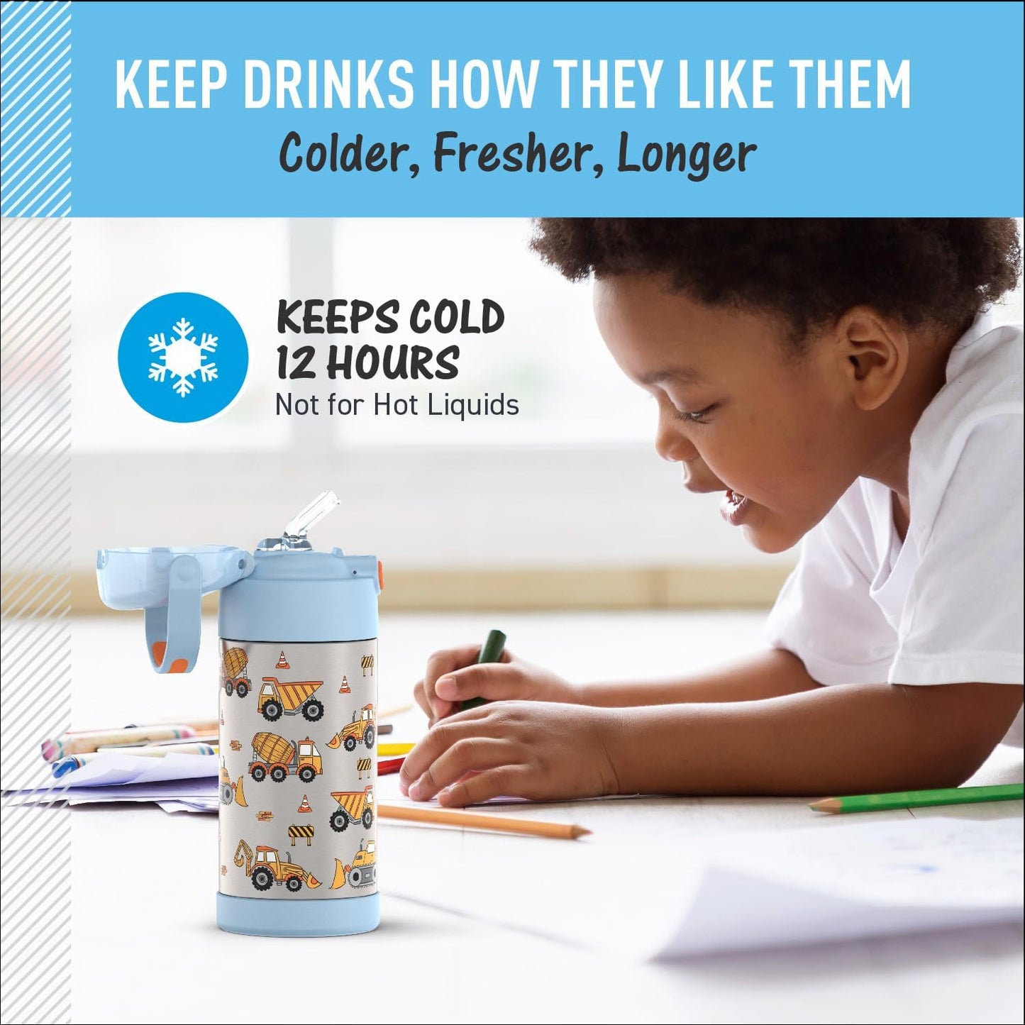 THERMOS FUNTAINER Water Bottle - 12 Ounce Stainless Steel, Vacuum Insulated with Straw for Kids | Construction Design