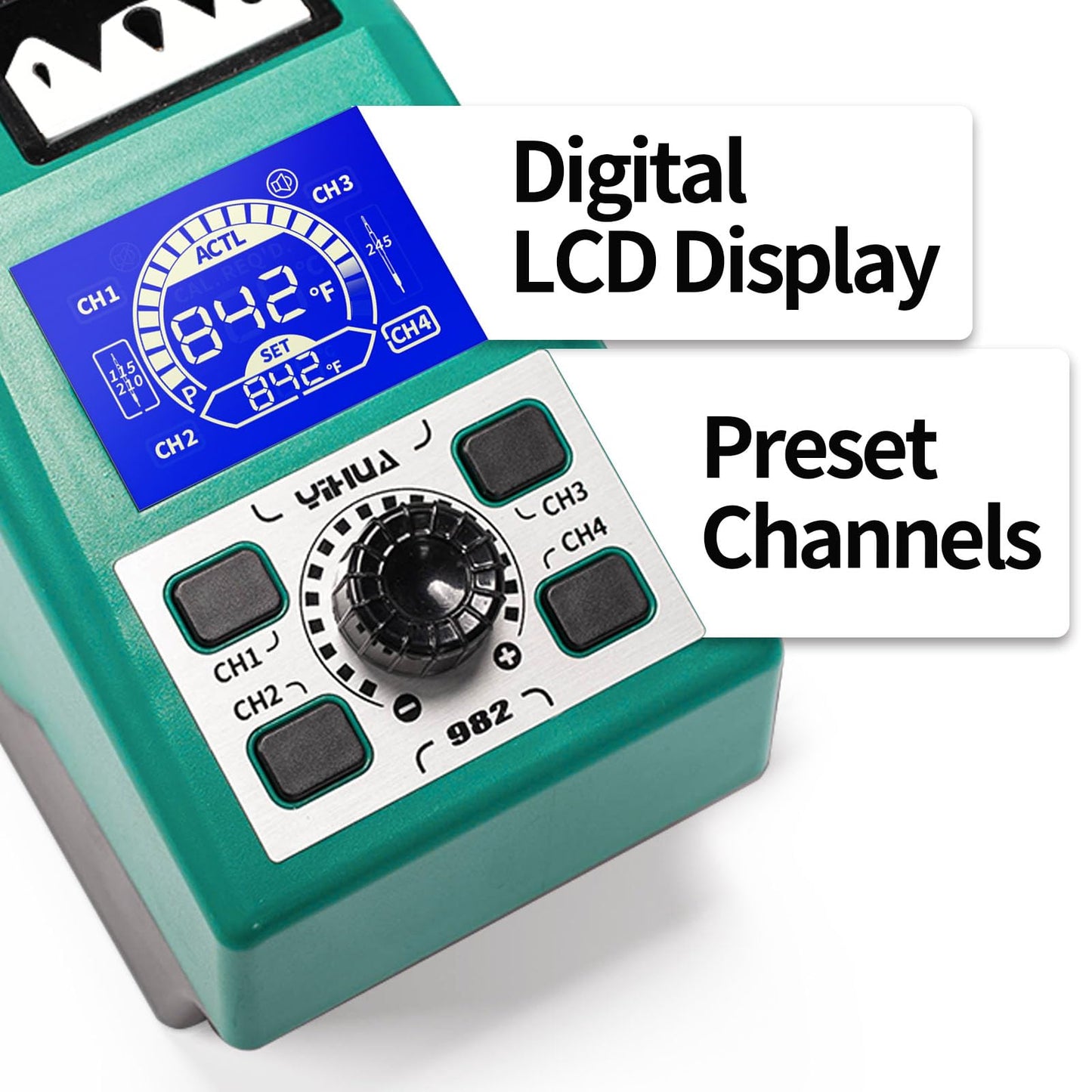 YIHUA 982 Precision Soldering Iron Station Kit with Digital LCD Display, 210 Soldering Tip Cartridge Compatible, Solder Wire Dispenser and, 4 Memory Channels, Auto Shutdown, Rapid Heating