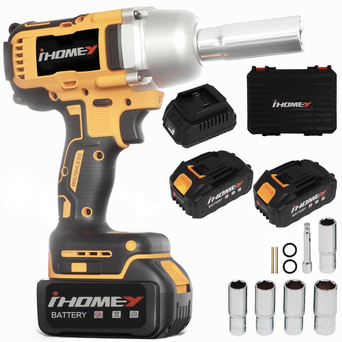 Cordless impact Wrenches - 590Ft-lbs (800N.m) Brushless 1/2 inch Impact Wrench, 3300RPM High Torque Impact Gun, 2 Battery, Charger & 5 Sockets, Power Impact Wrench for Car Home