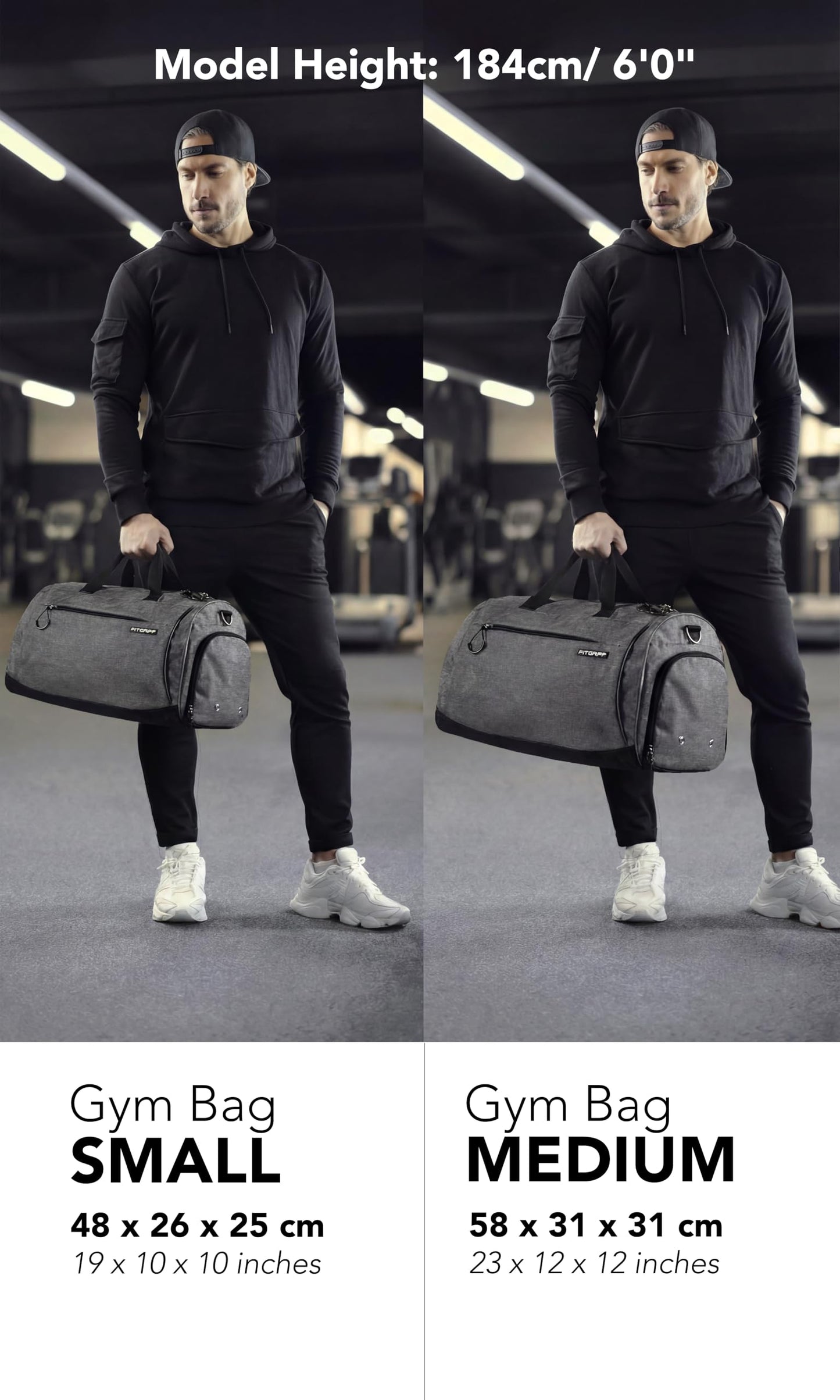 Fitgriff® Gym Bag for Men & Women with Shoe & Wet Compartment - Duffle Bag for Travel, Sports, Fitness & Workout (Grey, 23 x 12 x 12″ (M))