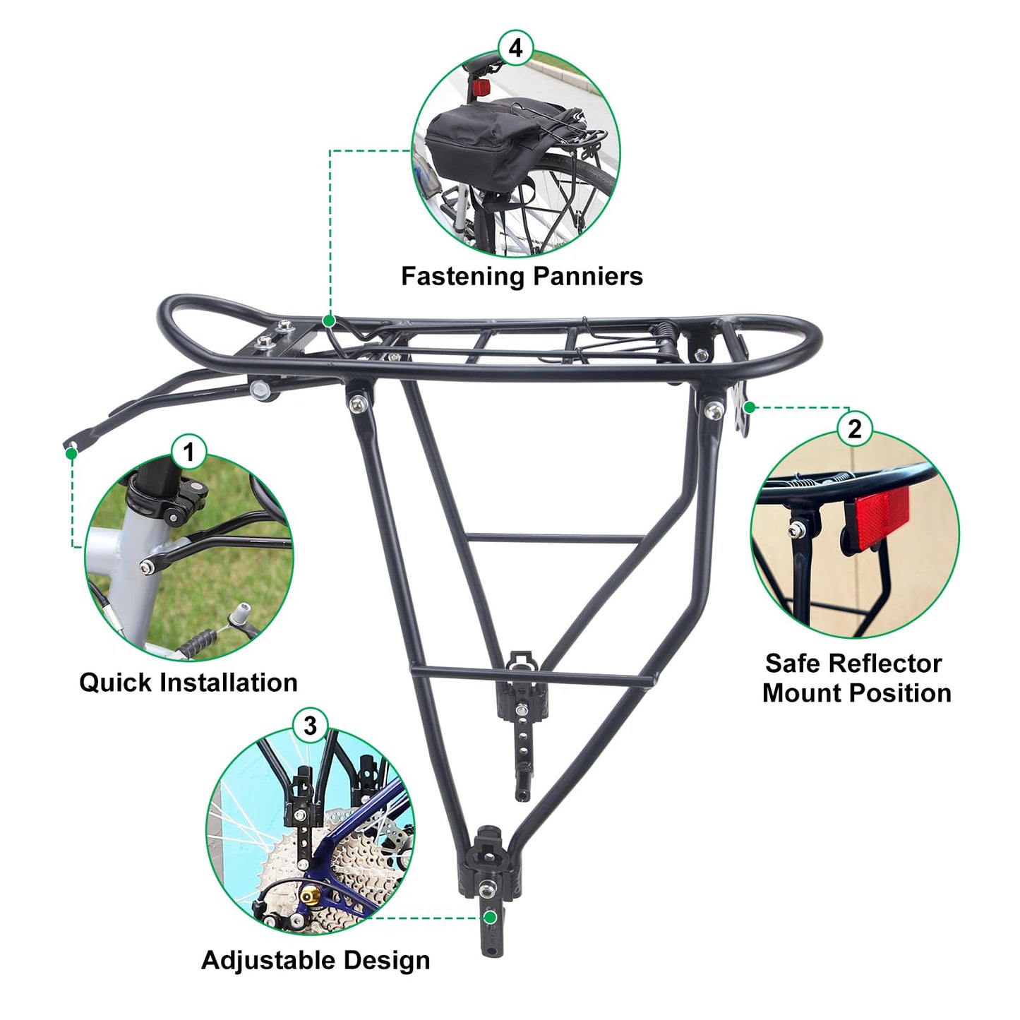 Rear Bike Rack Bike Cargo Racks Lightweight Alloy Aluminium 55LB Load Bearing Capacity Cargo Rack for Bike for Mountain Bike Road Bicycle Rear Rack, Height Adjustable Bicycle Rack 24"-28" Bike, Black