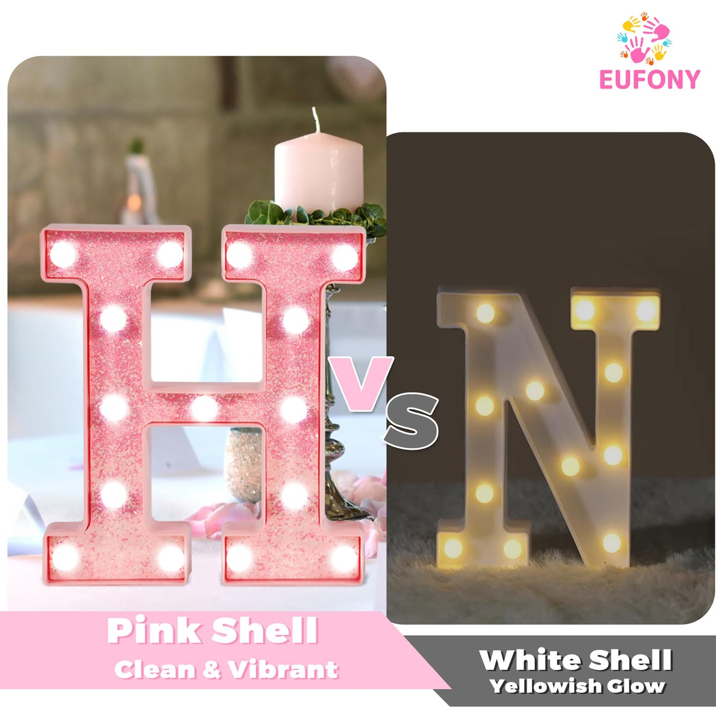 EUFONY Pink LED Marquee Light Up Letters, Glitter Alphabet Letter Lights for Birthday Party Decorations, Battery Operated Letter Signs for Girls Room Table Decor, Pink letter A with Cool White Lights