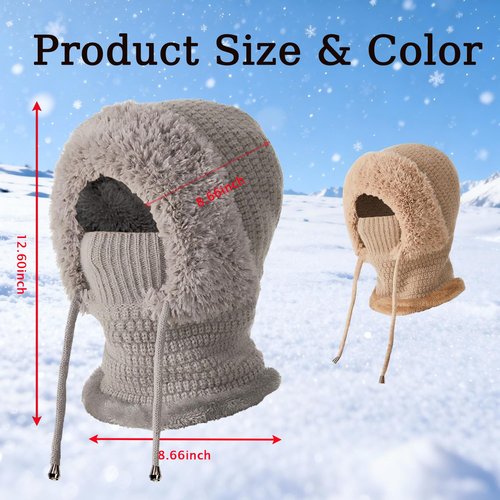 3 in 1 Beanie Hat with Scarf and Mask, Women’s Plush-Lined Winter Balaclava, Wind-Resistant Knitted Hooded Scarf & Ski Mask Set for Cold Weather (Grey)