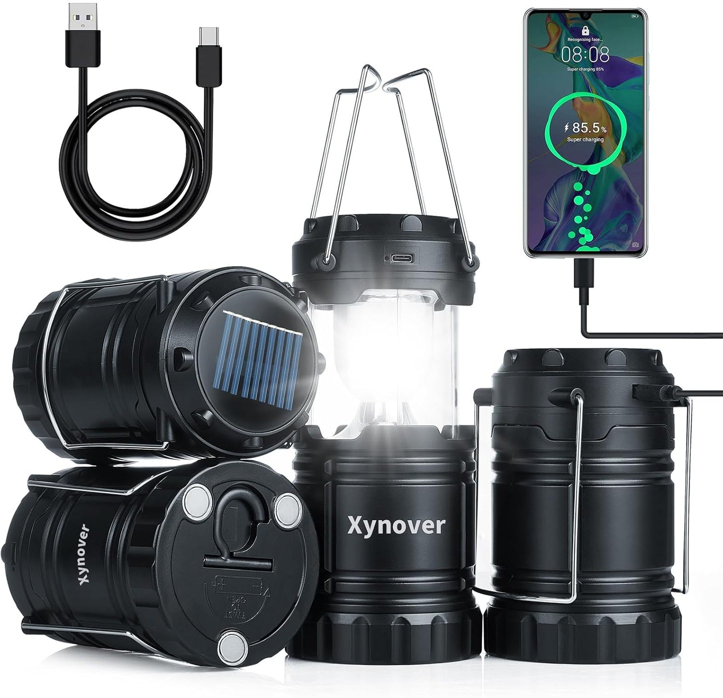 Skiennix 4-Pack Solar Camping Lanterns - Rechargeable LED, Waterproof, Magnetic Base & Collapsible Design