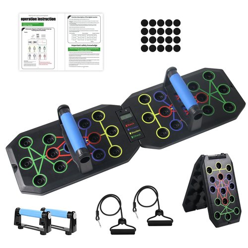 Push Up Board with Counter/Timer, Foldable Push Up Bar with Resistance Bands, Multi-function Home Workout Equipment Push-Up Stand with Handles for Fitness Burn Fat Chest Strength Training