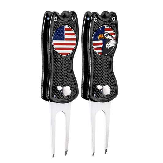 FINGER TEN Golf Divot Repair Tool and Ball Marker Switchblade Value Pack, Foldable Magnetic Stainless Steel with Pop-up Button for Men Women (2 in Black+2 Ball Marker)
