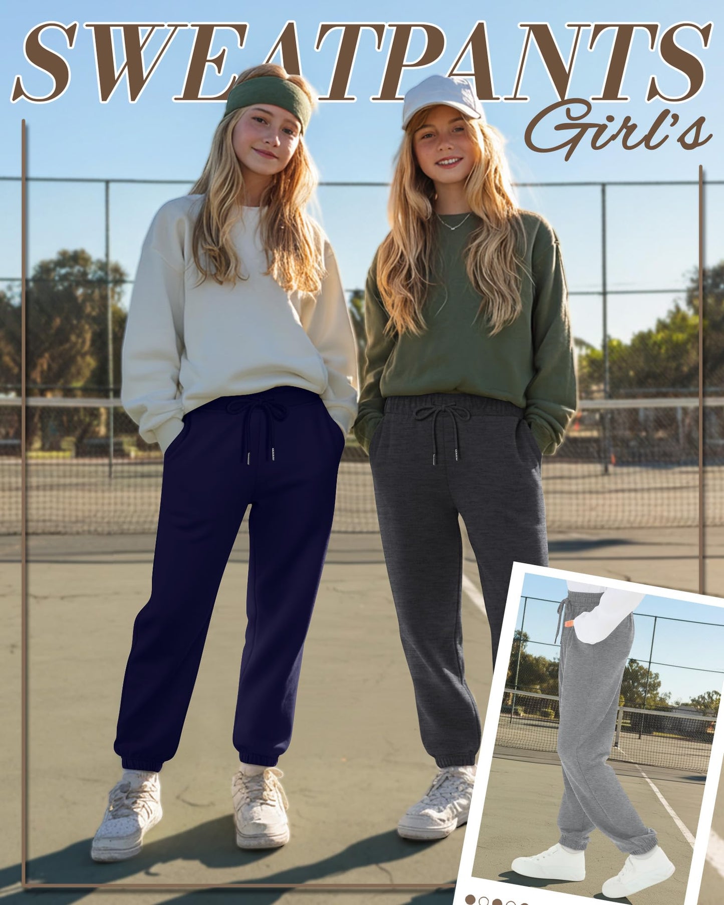 LessonZoo 4 Pack Girls' Jogger Sweatpants Girls Drawstring Sweat Pants Teens Activewear Kids Joggers with Pockets (Ages 5-16)(Navy Blue, Dark Gray, Light Gray,Black,X-Large)