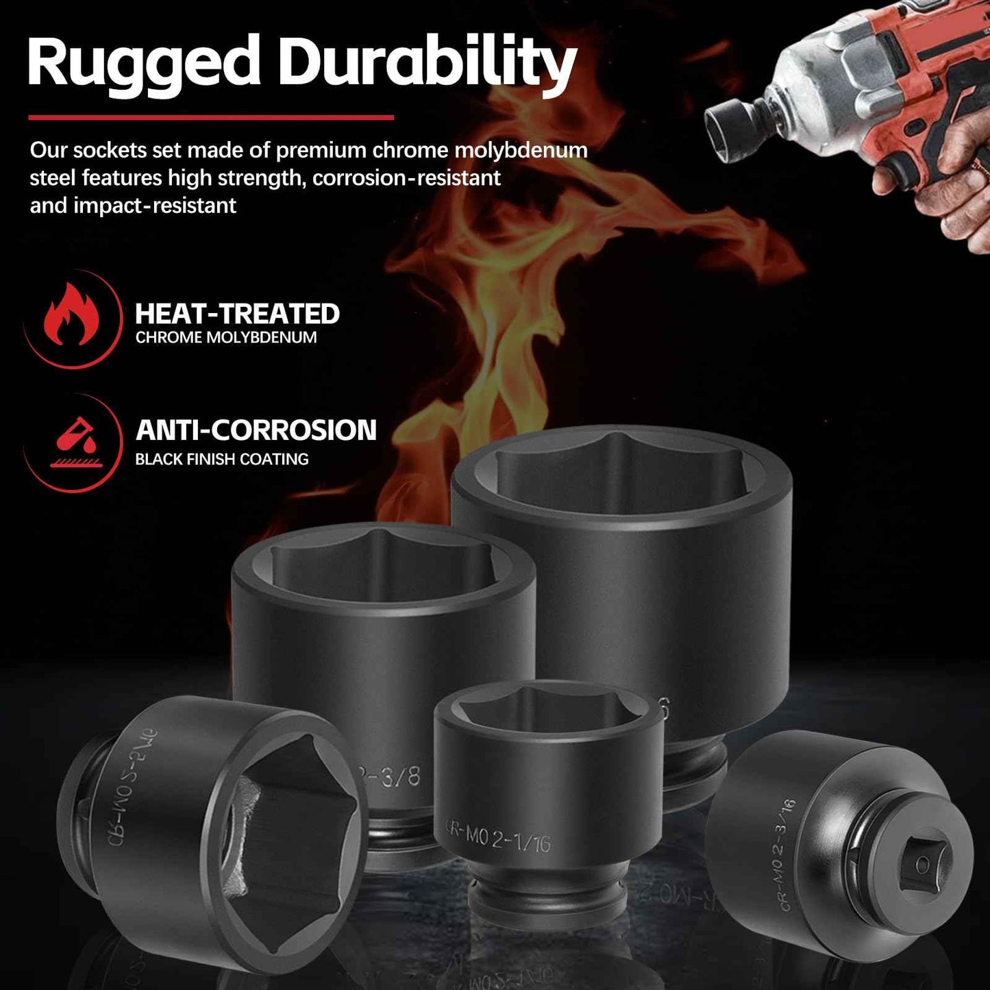 3/4" Drive Spindle Axle Nut Impact Socket Set, 6 Point Large Socket Set, CR-MO, 2-1/16" to 2-1/2", Heavy Duty Impact Socket Set Use In Removing And Installing Axle Nuts