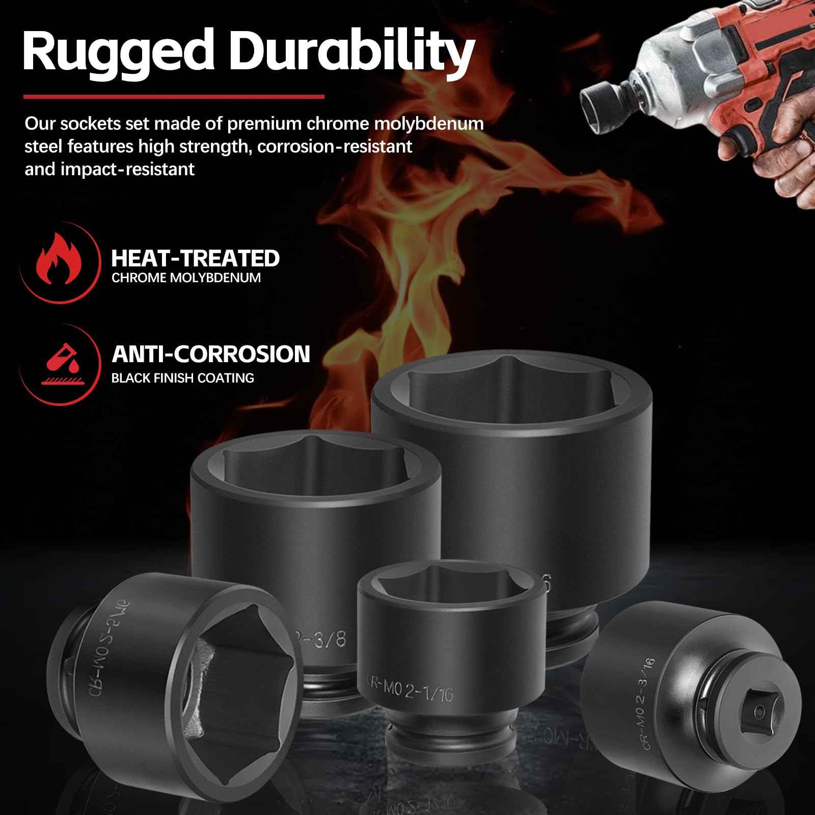 3/4" Drive Spindle Axle Nut Impact Socket Set, 6 Point Large Socket Set, CR-MO, 2-1/16" to 2-1/2", Heavy Duty Impact Socket Set Use In Removing And Installing Axle Nuts