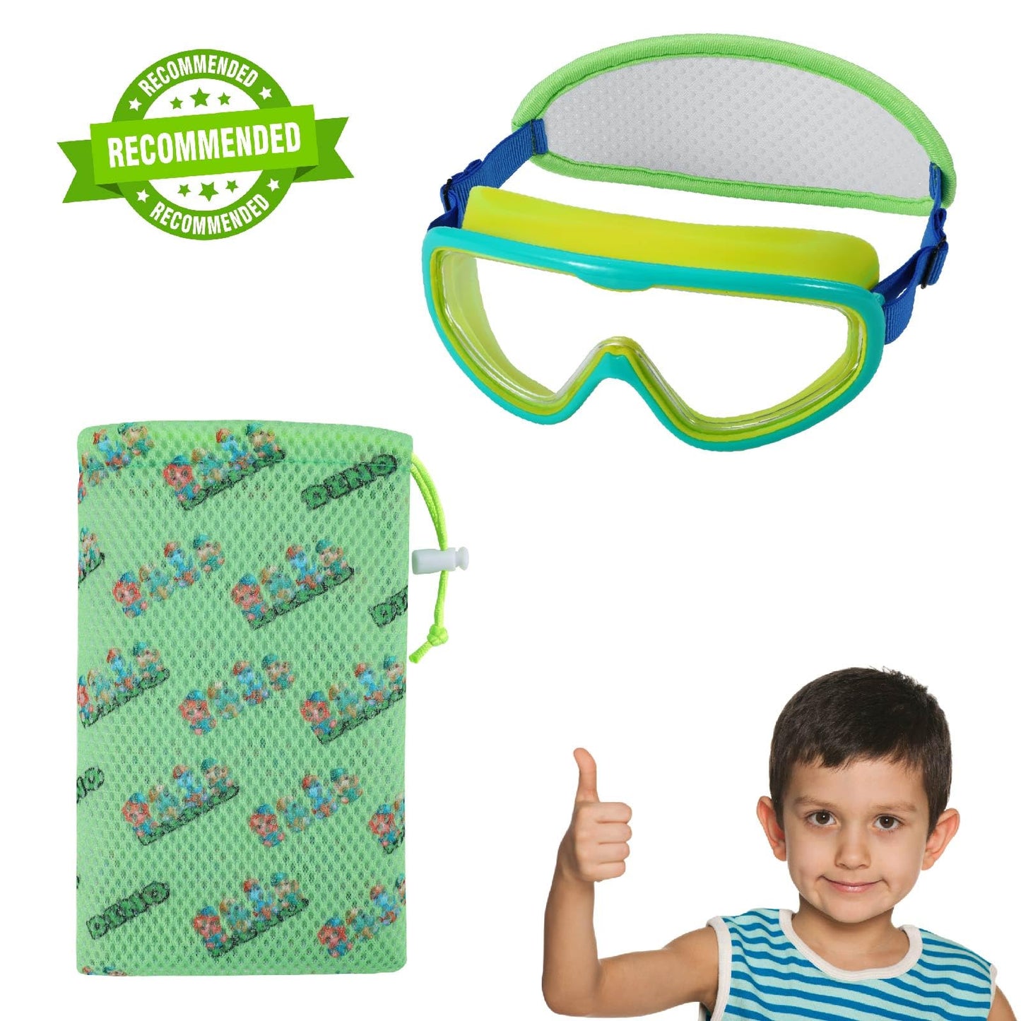 RUIGAO Kid Swim Goggles,Kids Goggles Fabric Strap,Dino Green Swimming Goggles for Kids/Toddlers 3-8