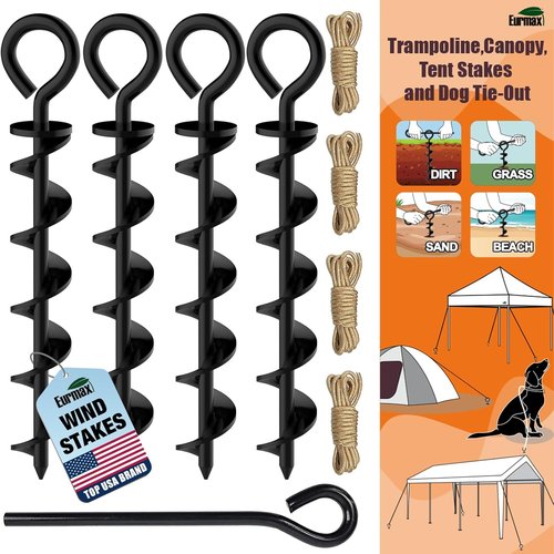 Eurmax USA Canopy Tent Stakes - Durable Corkscrew Shape Steel with Installation Tool & 4 Wind Ropes | Set of 4 (Black)