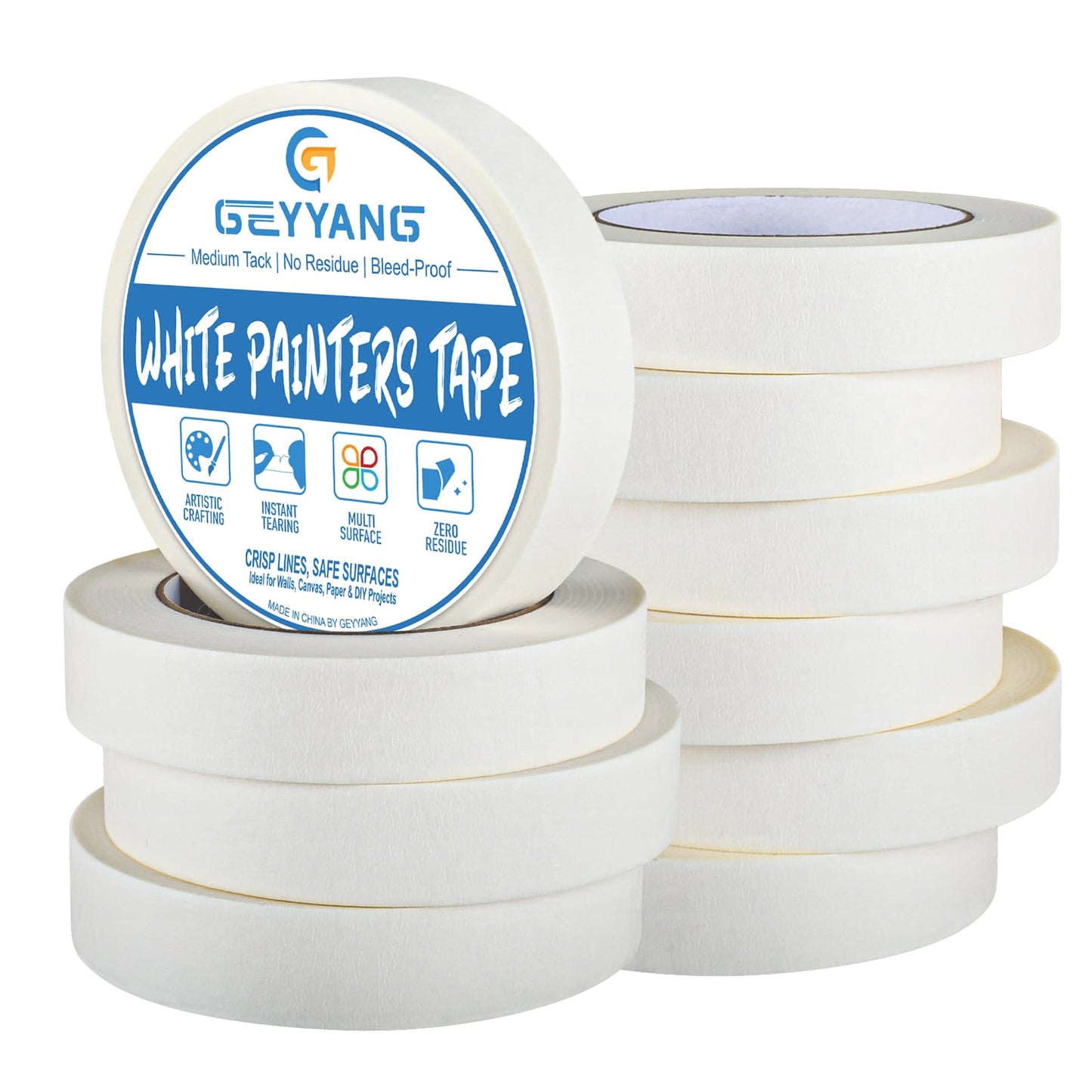 GEYYANG White Masking Tape Bulk 10 Pack, 0.75 inch White Painters Tape for Painting, Crafts, Home & Office, Multi-Surface Adhesive Artist Tape (0.75inch x 55yards x 10 Rolls)