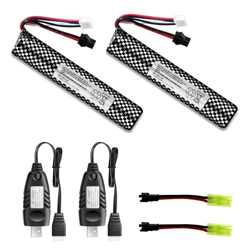 Skywolfeye Airsoft Battery 11.1V 2000mAh SM2P Plug with USB Charger for Airsoft Gel Water Bead Blaster Rechargeable Batteries Hobby Remote & App Controlled Vehicle Batteries (2Pack)