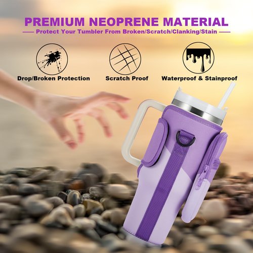 BULKITEM Water Bottle Carrier Bag with Phone Pocket for Gradient Purple Stanley 40 oz Tumbler with Handle, Insulated Neoprene Cup Holder Pouch Strap for Valentines Stanley Cup Accessories
