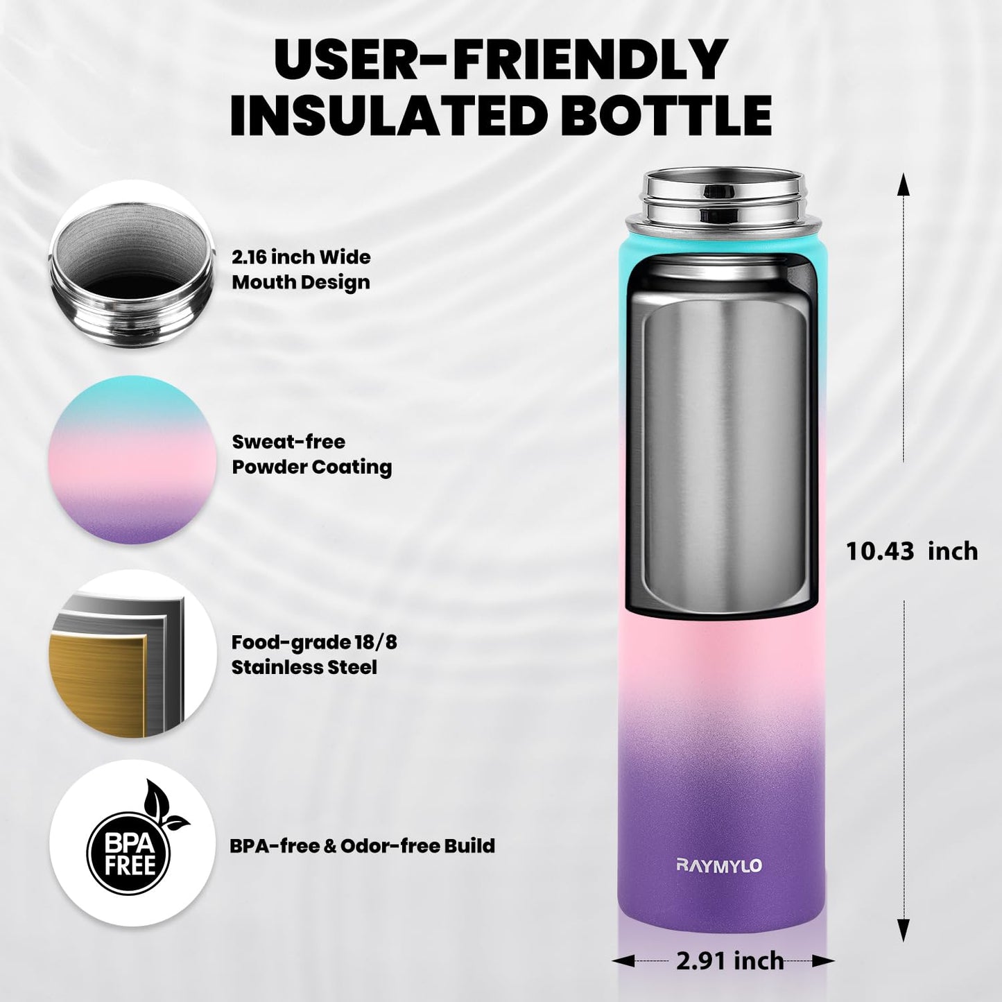 RAYMYLO Insulated Water Bottle 24 oz, Triple Wall Vacuum Stainless Steel