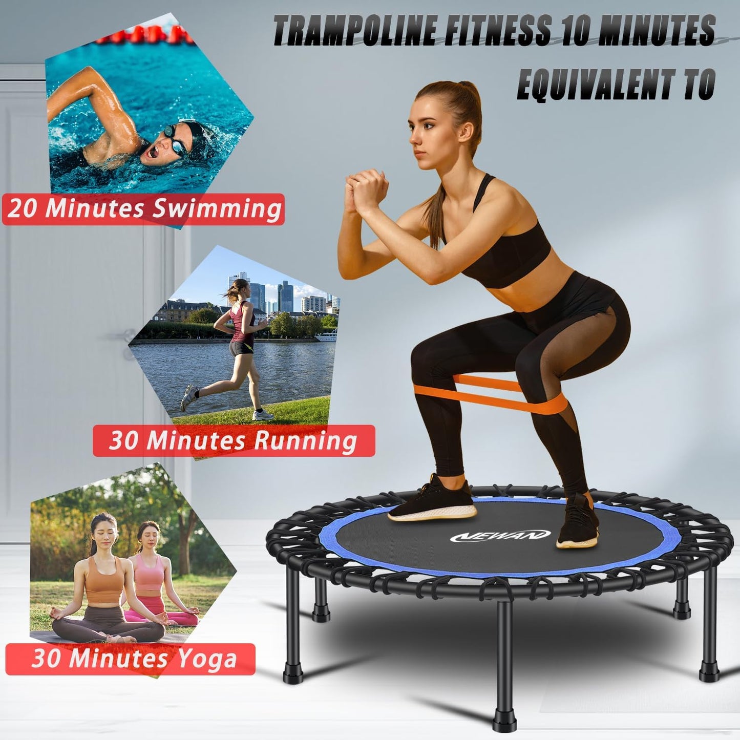 Newan Silent Mini Trampoline - 40"-48" Bungee Rebounder for Cardio Workouts | Max Weight 330lbs