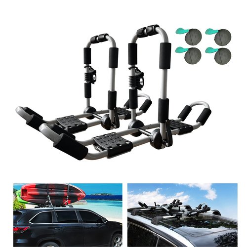 HUIMENG Kayak Roof Rack 4-in-1 Folding Adjustable Bilateral J-Shaped Roof Rack for Kayak/Surf/Ski Roof Carrier Rack with 4 PCS Tie Down Straps On Rooftop Mount on Car SUV Truck Crossbar