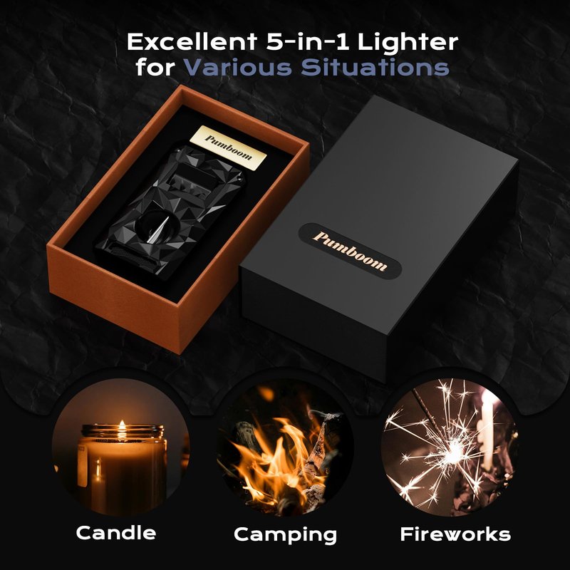 5-in-1 Windproof Lighter with Punch, Draw Enhancer, Holder, Triple Jet Flames and Tool, Butane Torch Lighter, Versatile Accessories for Travel, Candle, Lighter Gifts for Men (Without Butane)