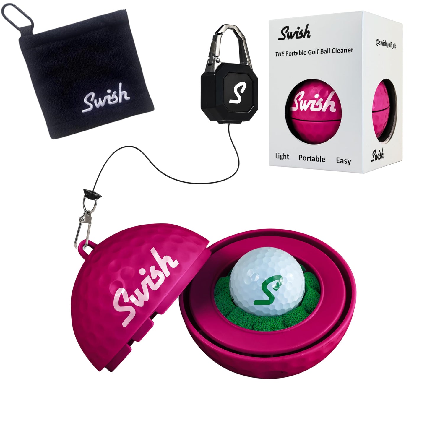 Tharos Distribution Swish Portable Golf Ball Cleaner – Clip-On Golf Accessory for Bag or Cart – Perfect Golf Gift (Pink)