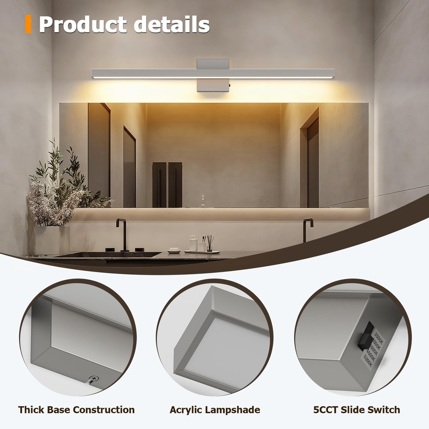 Joosenhouse LED Bathroom Vanity Light 5CCT Dimmable Bathroom Light Fixture Modern Vanity Lights Bar 32.28 Inch Brushed Nickel Wall Light