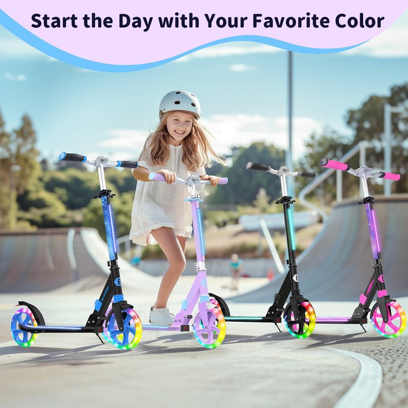 BELEEV V8 Scooters for Kids Ages 6+ with Light-Up Wheel & Stem & Deck, 2 Wheel Folding Scooter for Adults Teens, 4 Adjustable Height, Lightweight Sport Commuter Scooter, up to 220lbs(Light Purple)