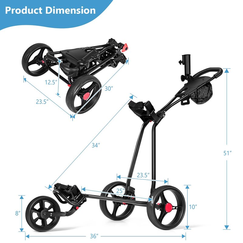 Tangkula Golf Push Cart, Lightweight Collapsible Golf Pull Cart, 3 Wheels Golf Trolley with Foot Brake Umbrella Holder & Cup Holder, Adjustable Handle and Storage Bag
