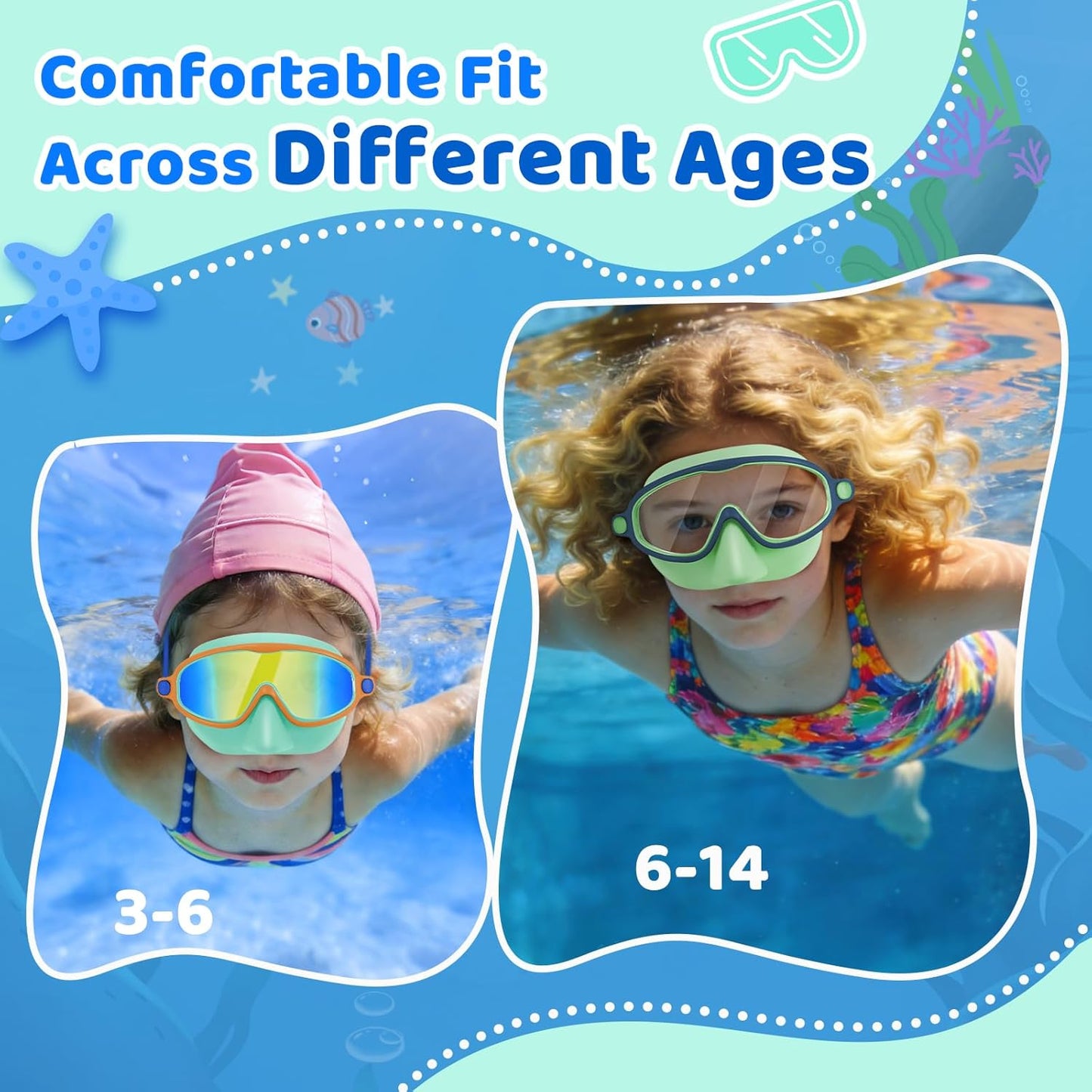 Vvinca Kids Swim Goggles - Anti-Fog UV Protection with Nose Cover | 2 Pack for Ages 3-14
