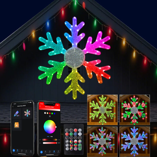 36in Large RGB Hanging Snowflake Lights Outdoor, Christmas Color Changing Snow Flakes Eaves Lights, App/Remote Control, Group Control, Timer, Dimmer, Festive Decor for Porch Wall Garage Door Decor