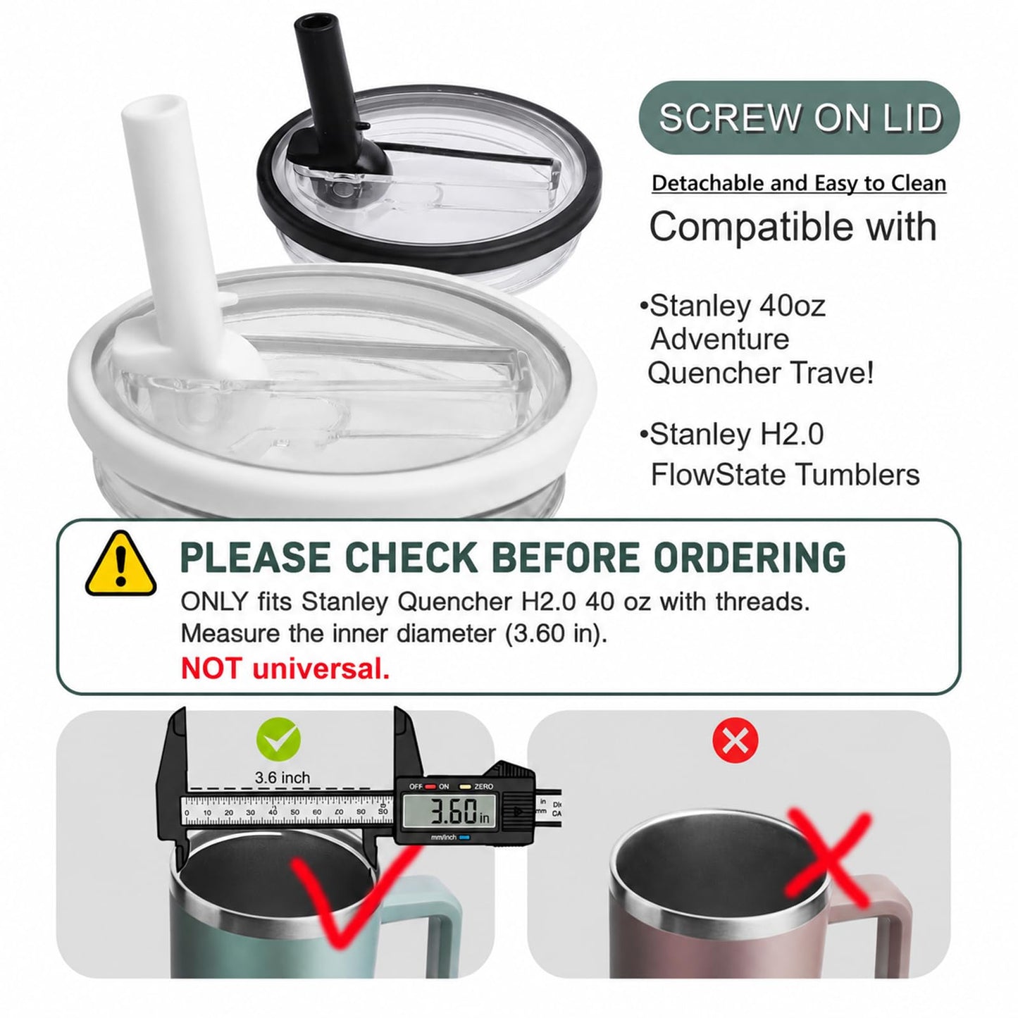 owmoer 2-Pack Replacement Lids for Stanley Cup 40 oz Quencher with Straw, Spill Proof and Leak Resistant Tumbler Lids, BPA-Free Detachable Covers Compatible with Stanley H2.0, White + Black