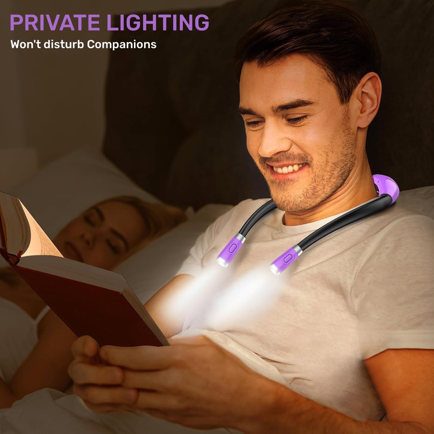LED Reading Light, Rechargeable 4 LED Neck Book Light, Flexible Neck Lamp for Reading in Bed or Car with Adjustable Brightness, Ideal for Bookworms Kids Crafts Knitting Travel or BBQ (Purple)