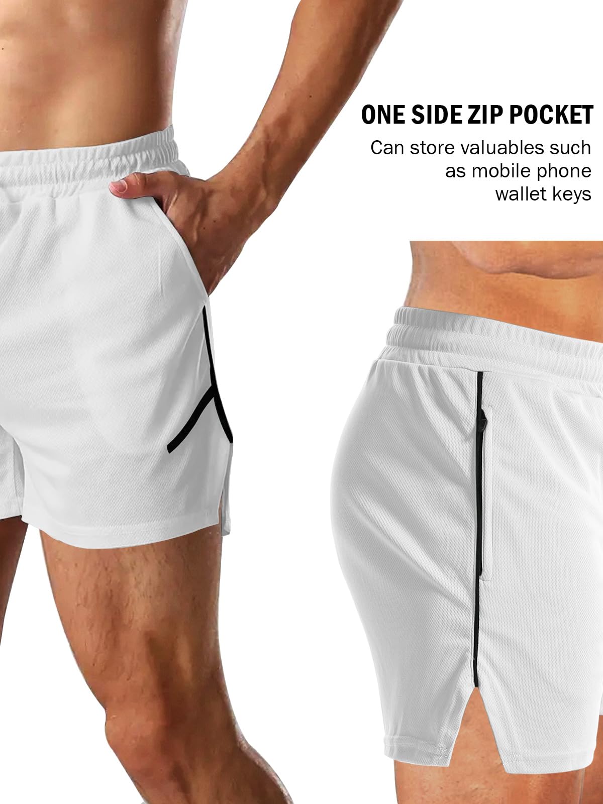 Aolesy Mens Workout Shorts with Zipper Pocket 5 Inch Lightweight Gym Running Shorts Linerless Bodybuilding Training Athletic Shorts White
